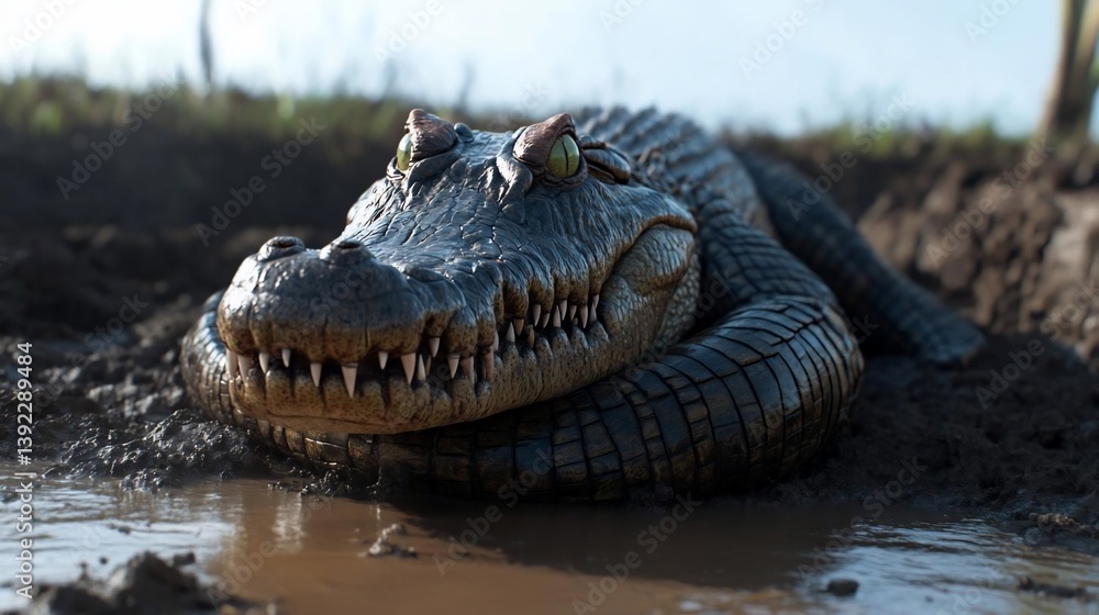 Leinwandbilder close-up view of a dark-colored alligator resting in muddy water, sunlight illuminating its textured
