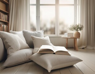 Fototapeta premium Serene Reading Nook: Inviting interior scene featuring a cozy reading corner bathed in natural light, showcasing comfort and tranquility with an open book, soft pillows, and minimalist design.