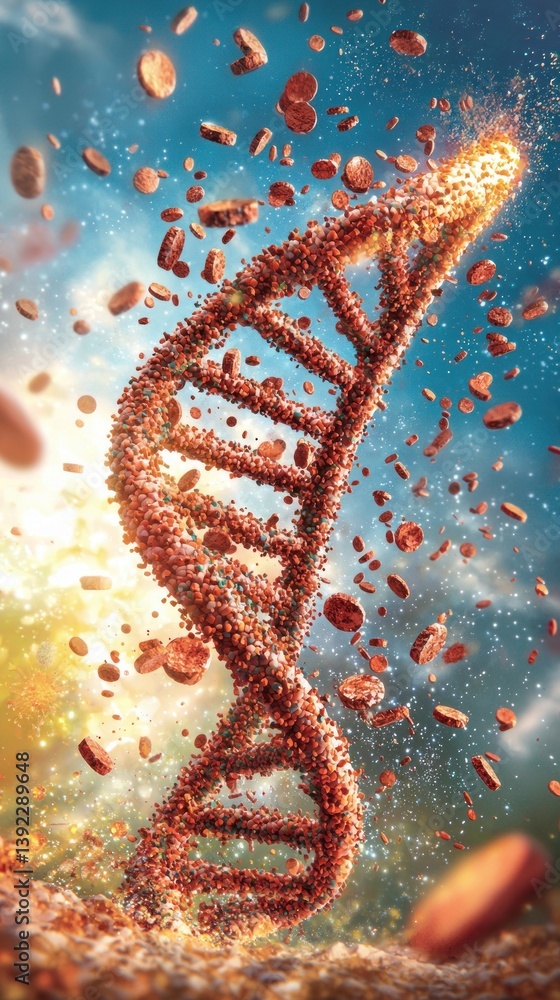 Poster A vibrant DNA double helix explodes with meat particles against a cosmic backdrop illustrating genetic enginee and food