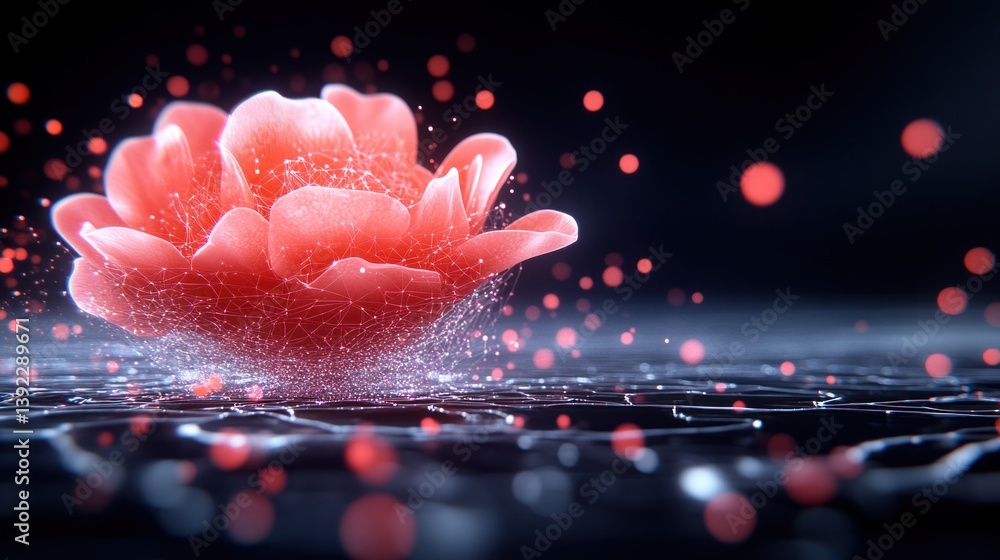 Aufkleber a luminous red rose blossoms digitally on a dark shimme grid with glowing particles.
