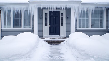 Snowy House Entrance  Icicles  Winter Scene  Frozen Steps