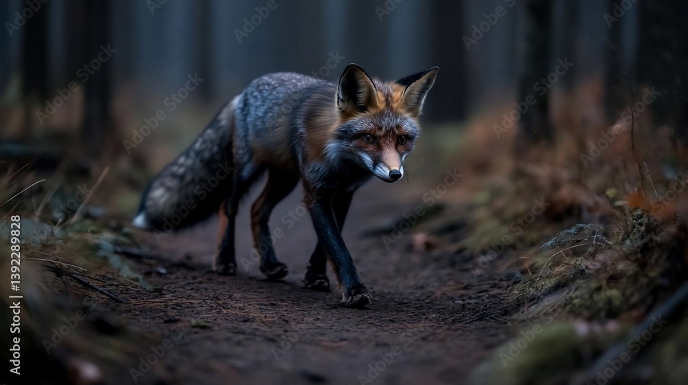 Aufkleber red fox with gray fur walking on a forest path. dark, moody lighting and natural setting. focus on t