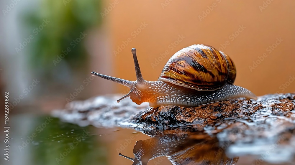 Poster Close-up of a snail with a brown and yellow shell crawling on a dark, wet log near water. The background is blurred with warm tones