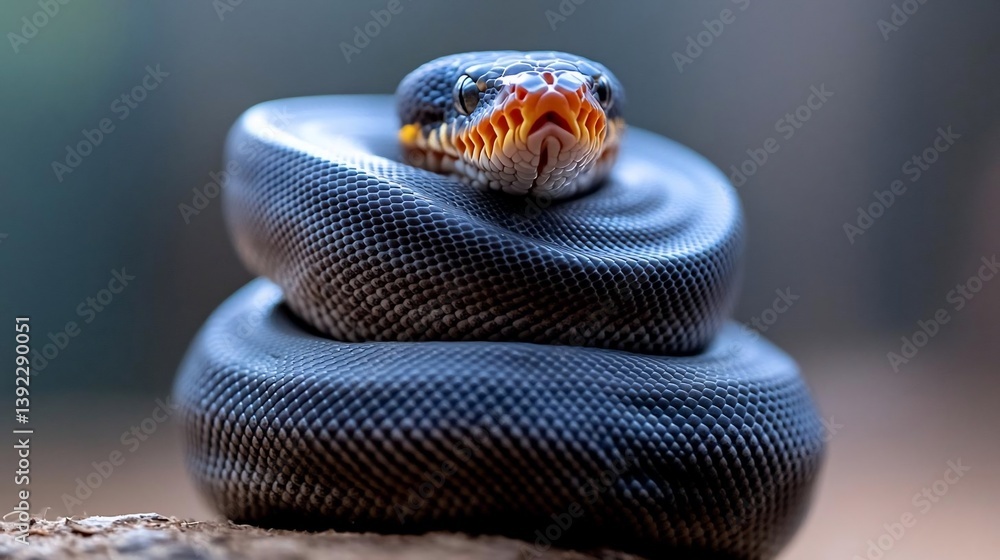 Poster Close-up of a dark gray snake coiled on itself, with subtle texture and a visible orange mouth. The background is blurred, focusing attention on the reptile