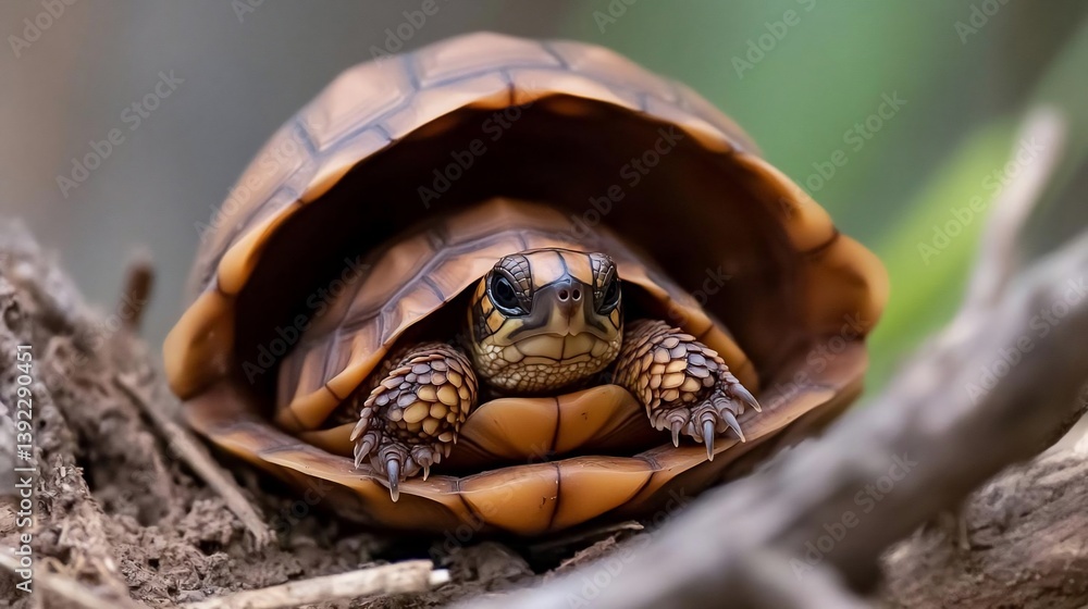 Poster Close-up view of a small turtle partially withdrawn into its shell, nestled on the ground amongst brown earth and twigs.  Natural lighting highlights the intricate shell patterns and the turtle's