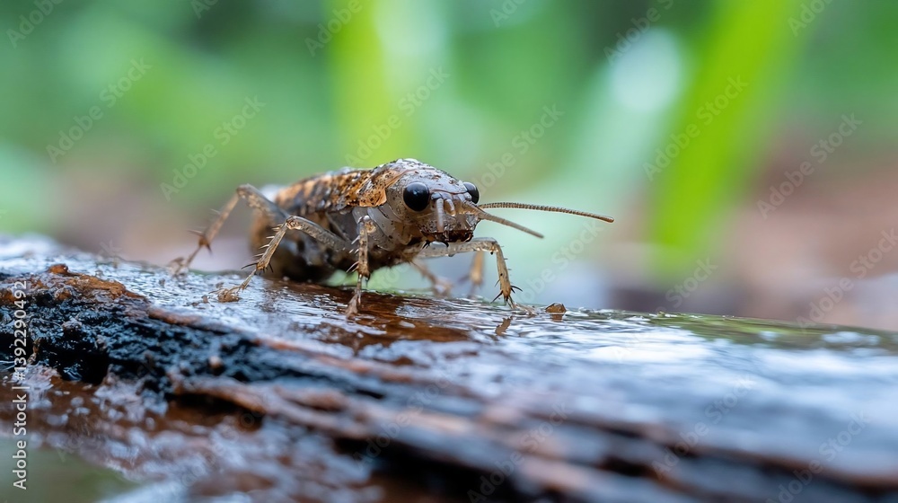 Poster close-up of a wet insect on dark wood, with blurred green background. water droplets are visible on 
