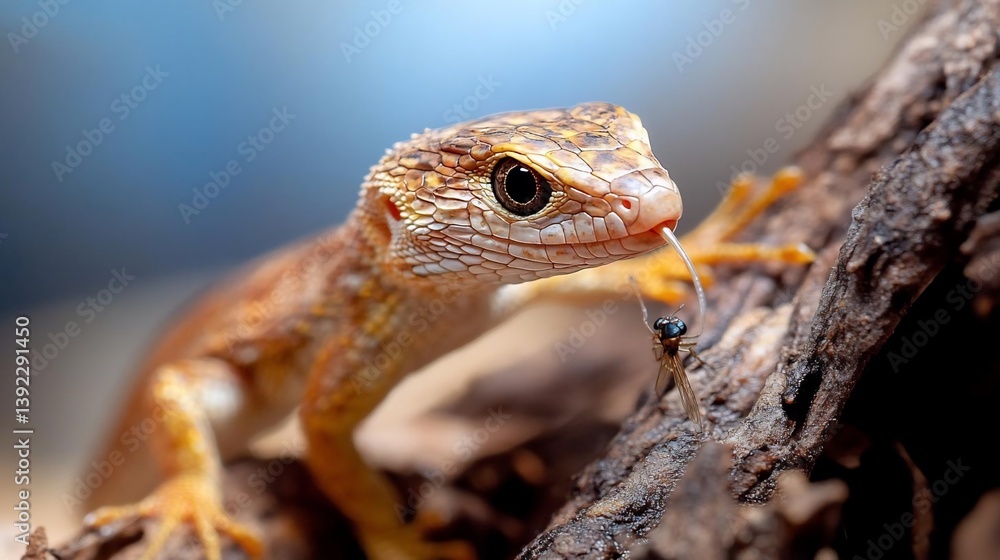 Poster close-up of a small, orange and brown lizard on a dark brown tree branch, extending its tongue towar