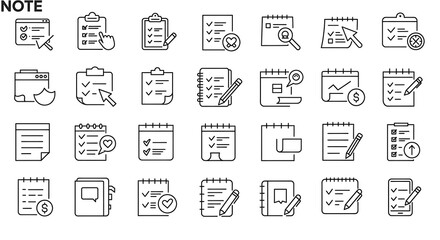 Collection of various checklist, calendar, and notepad icons in a line art style layout design