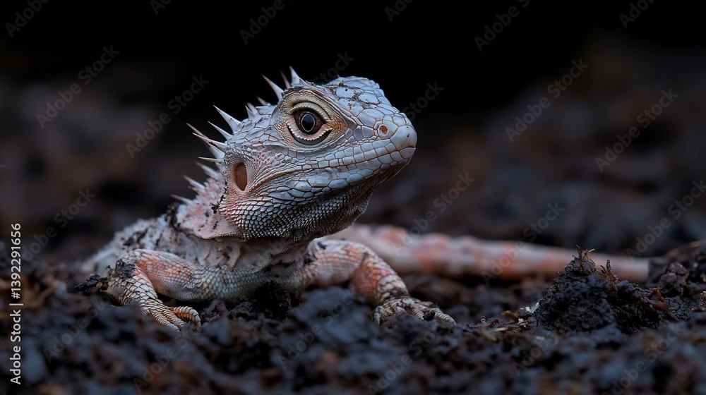 Poster close-up view of a small lizard with spiky scales, primarily blue-gray and reddish-pink in color, ne