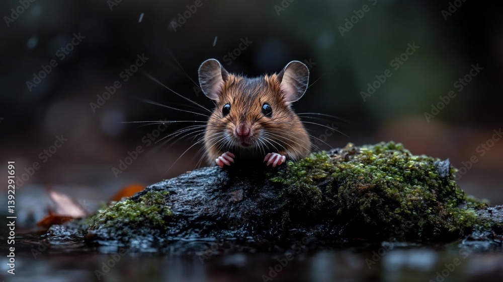 Poster a small brown mouse sits on a mossy rock in shallow water, looking directly at the camera. rain drop