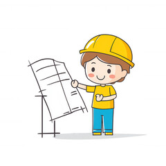 A cheerful cartoon character in a yellow hard hat and blue pants, holding a construction plan