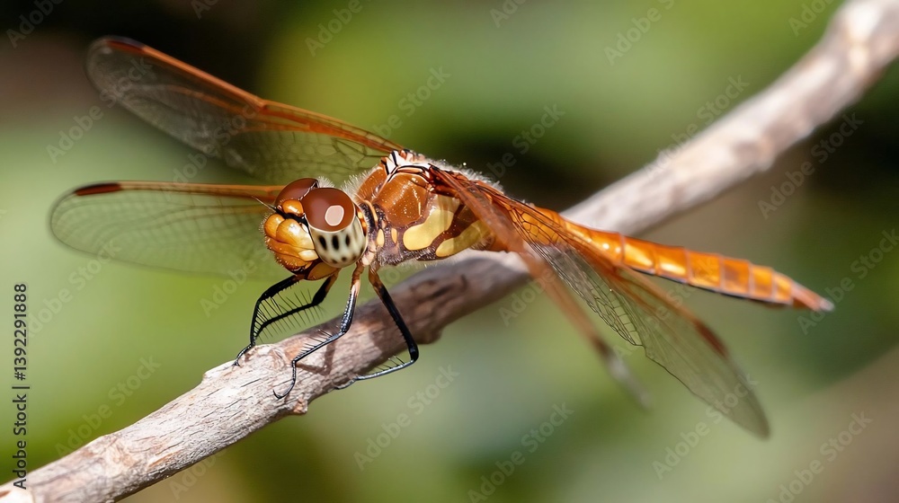 Poster close-up of an orange dragonfly perched on a small tree branch against a blurred green background. t
