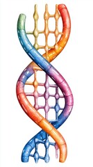 A vibrant colorful illustration depicts a detailed double helix DNA strand structure.