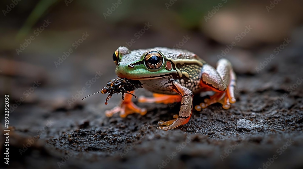 Poster close-up of a vibrant green and orange frog consuming an insect on dark soil. the frog's texture and