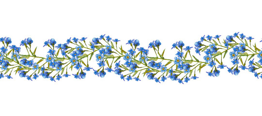 Horizontal seamless floral pattern. Beautiful blue forget-me-nots flowers seamless Horizontal border. Watercolor hand painting illustration isolated on white background for printing, textile