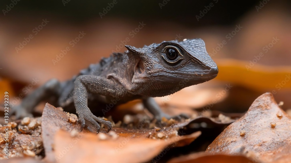 Poster close-up of a small, dark-colored lizard on a bed of brown leaves. the lizard's textured skin and la