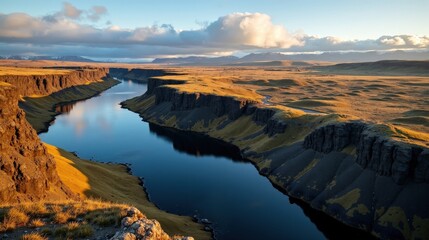 Dynjandi waterfall in Iceland under sunny skies, viewed from above during midday.