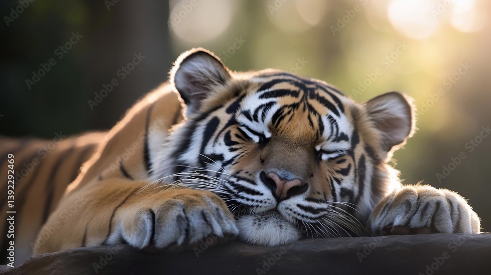 Poster close-up of a sleeping tiger resting on a rock, illuminated by warm sunlight filtering through the t