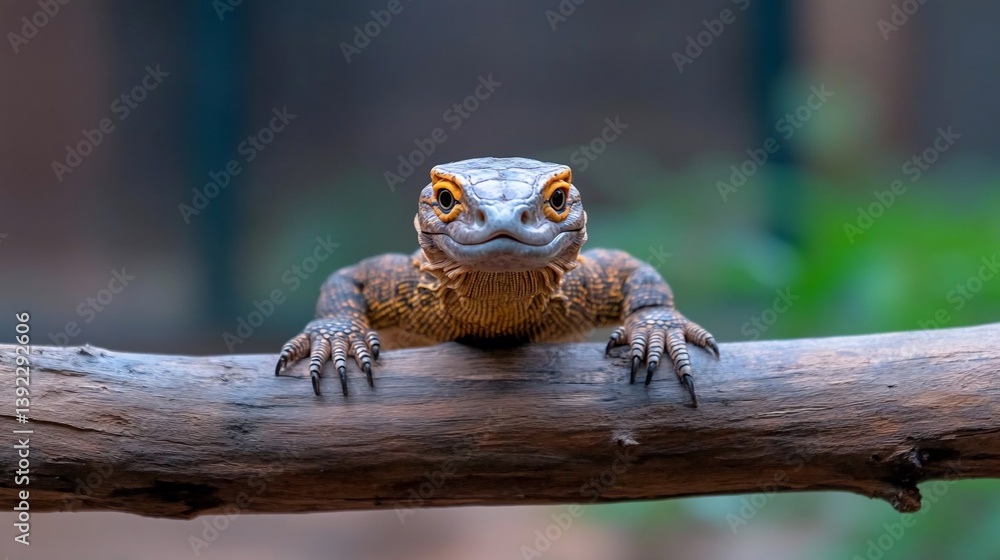 Poster Close-up of a small lizard with textured brown and yellow scales perched on a gray branch.  The lizard looks directly at the camera with a curious expression. Shallow depth of field blurs the