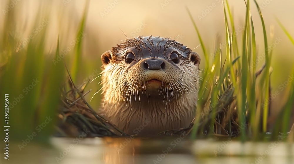 Poster close-up of a curious otter peeking from the water, surrounded by tall green grasses in soft golden 