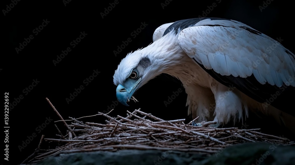 Poster a majestic bird of prey, predominantly white and black, with a striking blue beak, is captured in a 