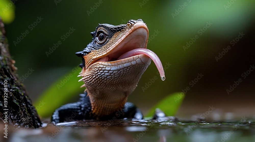 Poster close-up of a black and brown lizard with its mouth open and tongue extended, partially submerged in