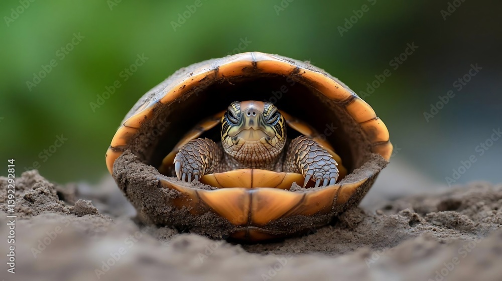 Poster Close-up of a small turtle partially withdrawn into its shell, nestled in brown dirt against a blurred green background.  The turtle's shell is light brown and orange