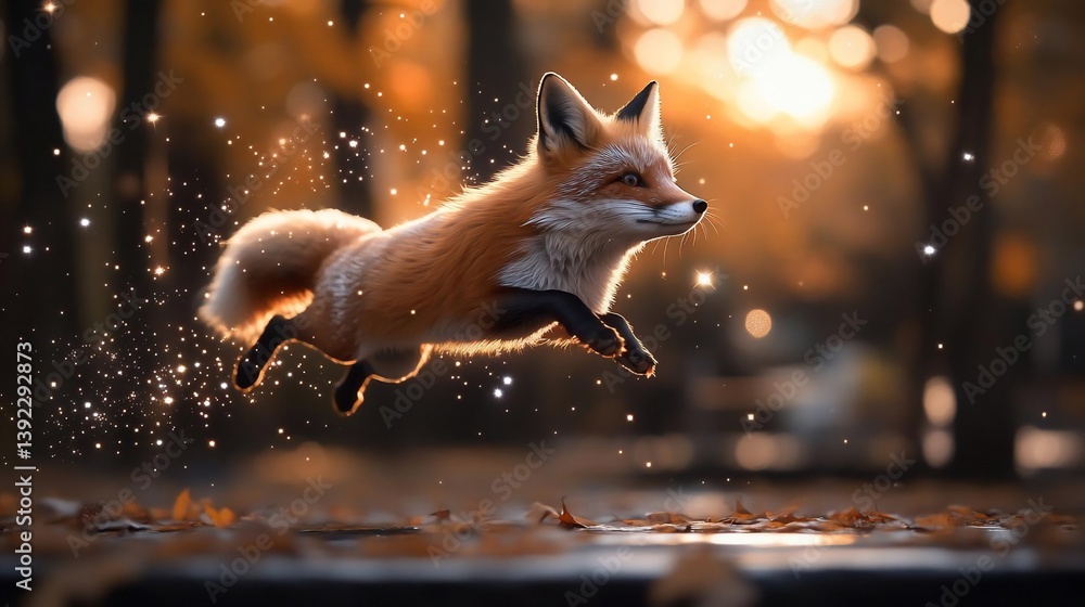 Poster red fox leaping through autumn leaves, backlit by warm sunset light. sparkling particles surround it