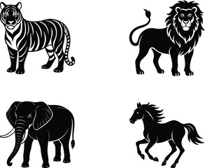 set of animals lion, elephant, horse and tiger silhouette 