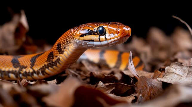 Close-up of an orange and brown snake on a bed of dried leaves. The snake's scales are visible, and its head is slightly raised. The background is dark, creating a contrast with the snake's bright