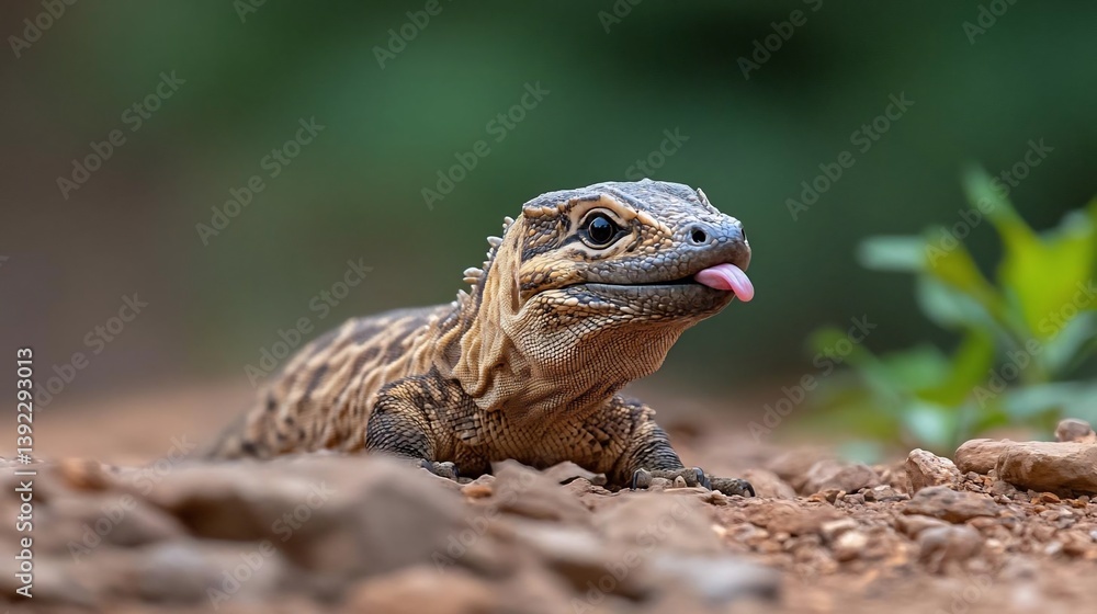 Poster close-up of a small lizard with patterned skin and a pink tongue sticking out, partially hidden in r