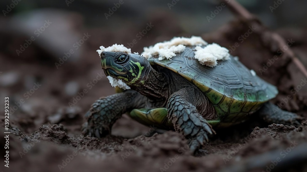 Poster close-up of a turtle covered in white fungus, walking on dark brown mud. the turtle has a dark green
