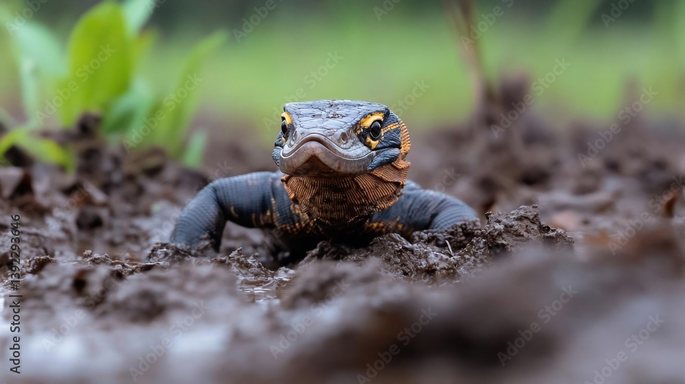 Poster close-up view of a black and orange lizard emerging from dark mud, set against a blurred green backg