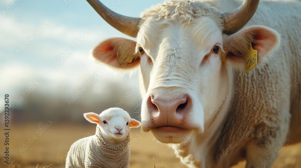 Poster close-up of a white cow and a small lamb in a field. the animals are looking towards the camera. the