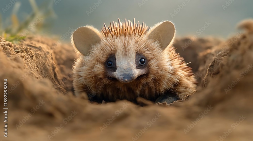 Poster adorable hedgehog peeking from a sandy burrow, lit by soft sunlight. close-up shot emphasizing its u