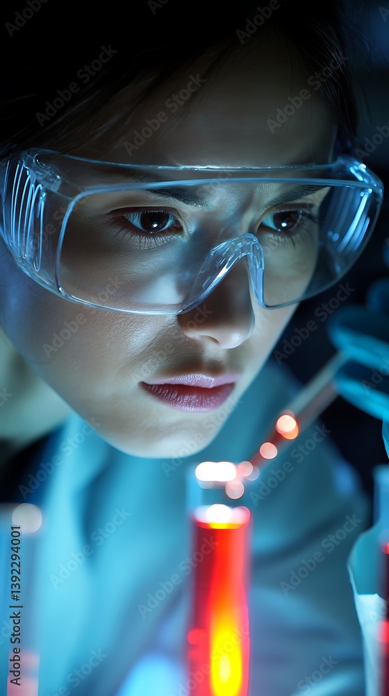 Poster a scientist in safety goggles carefully examines a test tube with a glowing red liquid, working in a
