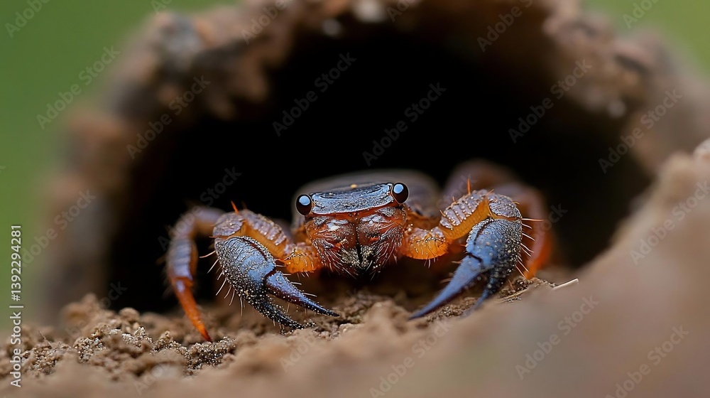 Poster close-up of a dark orange scorpion emerging from its burrow in the ground. the scorpion's pincers an