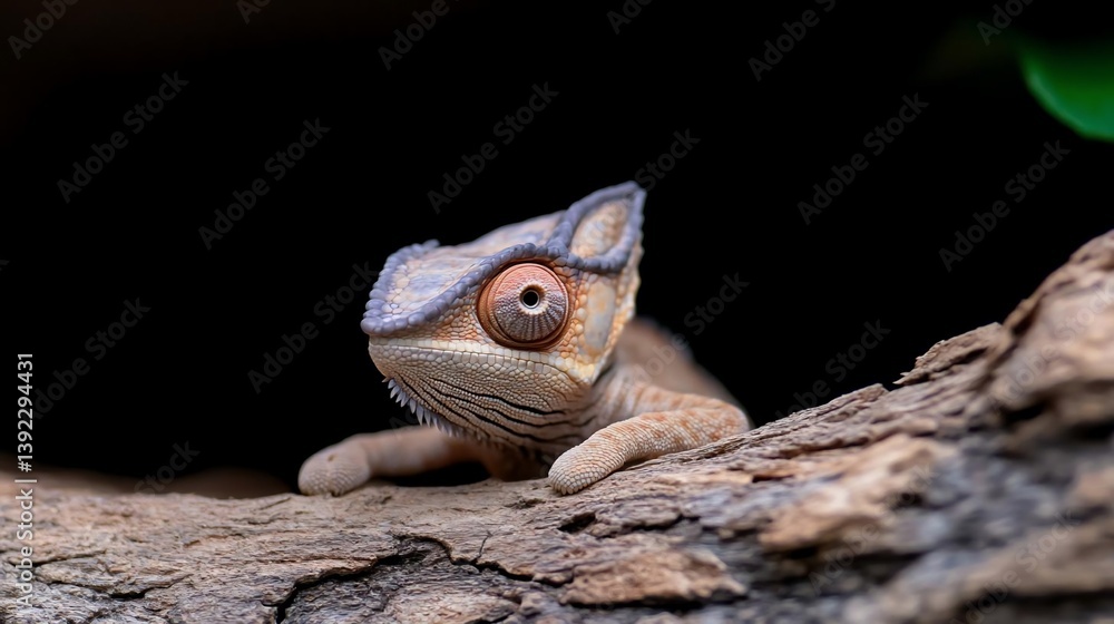 Poster Close-up of a small chameleon on a tree branch, with a dark background. The chameleon is predominantly light brown and tan, with hints of orange and grey.  Its large, expressive eyes are clearly
