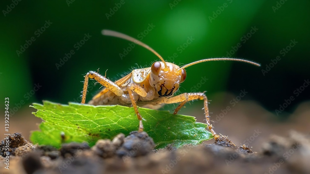 Poster close-up of a small, orange insect on a green leaf. the insect has long antennae and is perched on a
