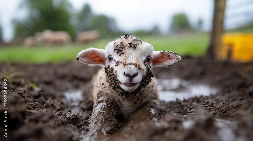 Poster close-up of a fluffy white lamb covered in mud, playfully sitting in a puddle of brown mud on a farm