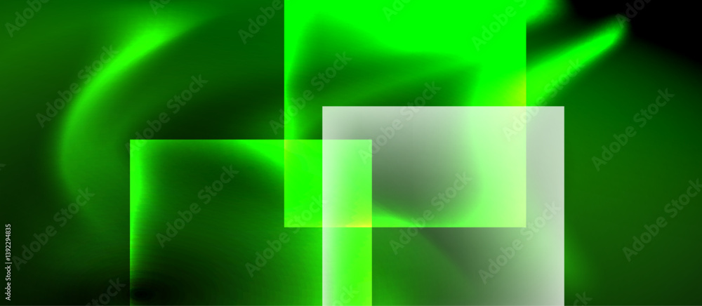 Poster Green squares overlap, creating layered effect. Soft blur adds depth, with dark background. Abstract composition, modern design.