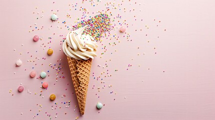 Colorful Gummy-Topped Ice Cream Cone on Pastel light color Background, Minimalist Sweet Treat Concept