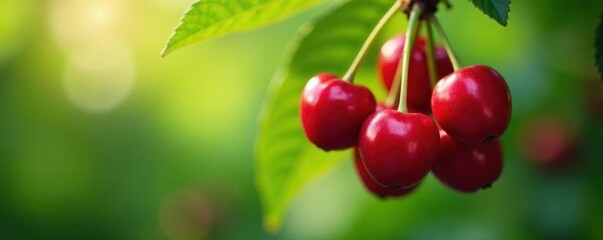 Vibrant red coffee cherries cluster on branch, plant, full