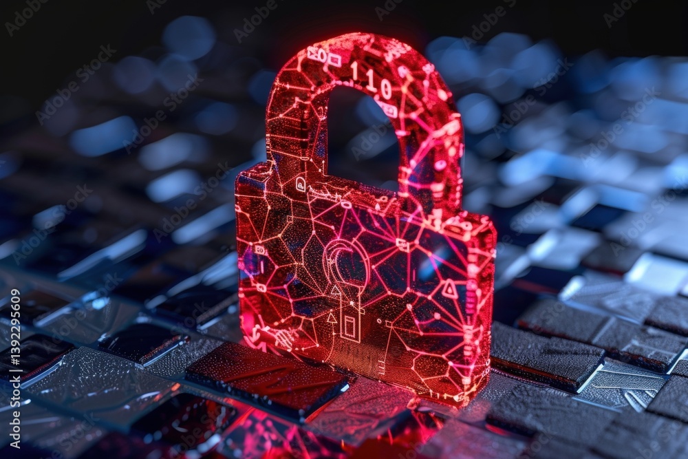 Poster digital lock with a cybersecurity theme on a tech background.