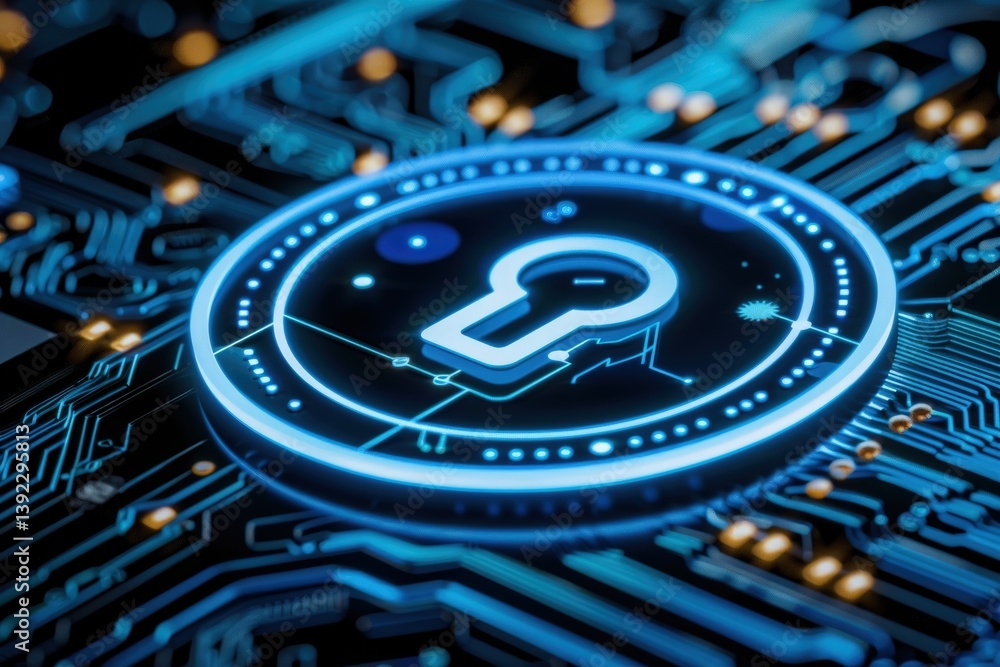 Poster digital security icon on a circuit board background in blue tones.
