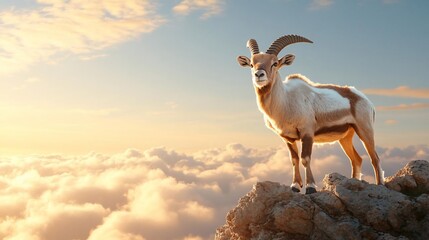 Majestic male ibex stands on rocky mountain peak, overlooking a sea of clouds at sunset. Golden hour light bathes the scene in warm tones