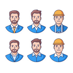 Fototapeta premium A collection of illustrated male characters in professional attire, displaying various expressions and styles, suitable for diverse business applications.