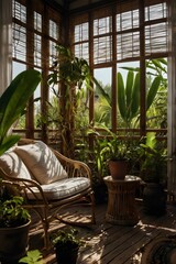 A wooden chair with a white pillow sits in front of a window with a view of a lu