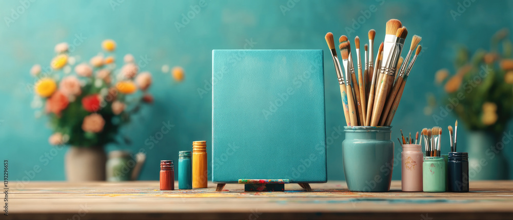 Poster painting setup with brushes and canvas in a colorful studio environment capturing artistic inspirati