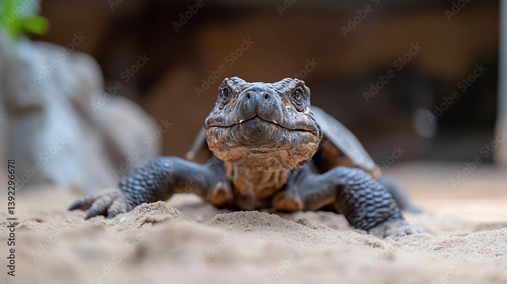 Poster close-up view of a dark-colored reptile, possibly a lizard or turtle, on light brown sand. the repti